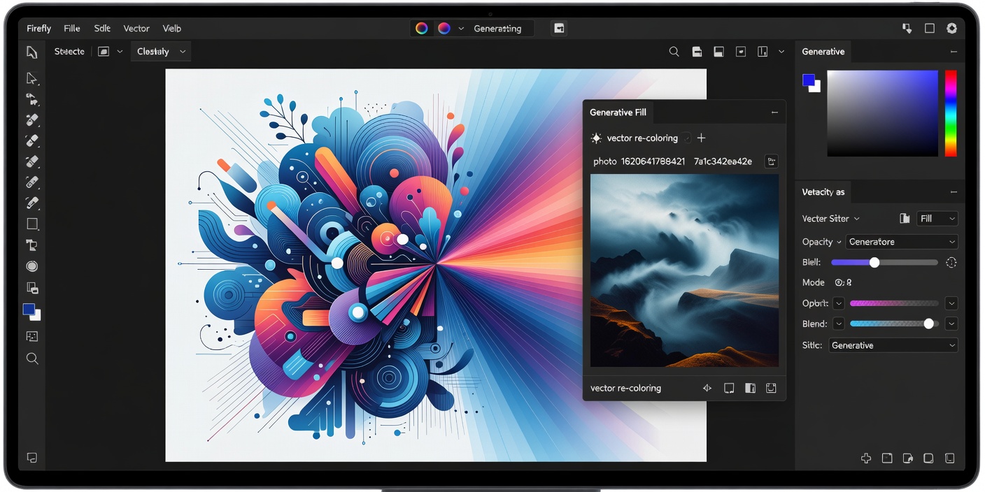 Adobe Firefly interface with vector re-coloring and generative fill